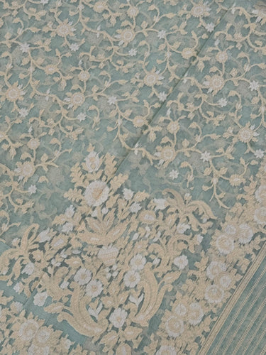 Silk Organza Saree | Light Sea Green | Gold & Silver Zari | Handwoven | Ships from California